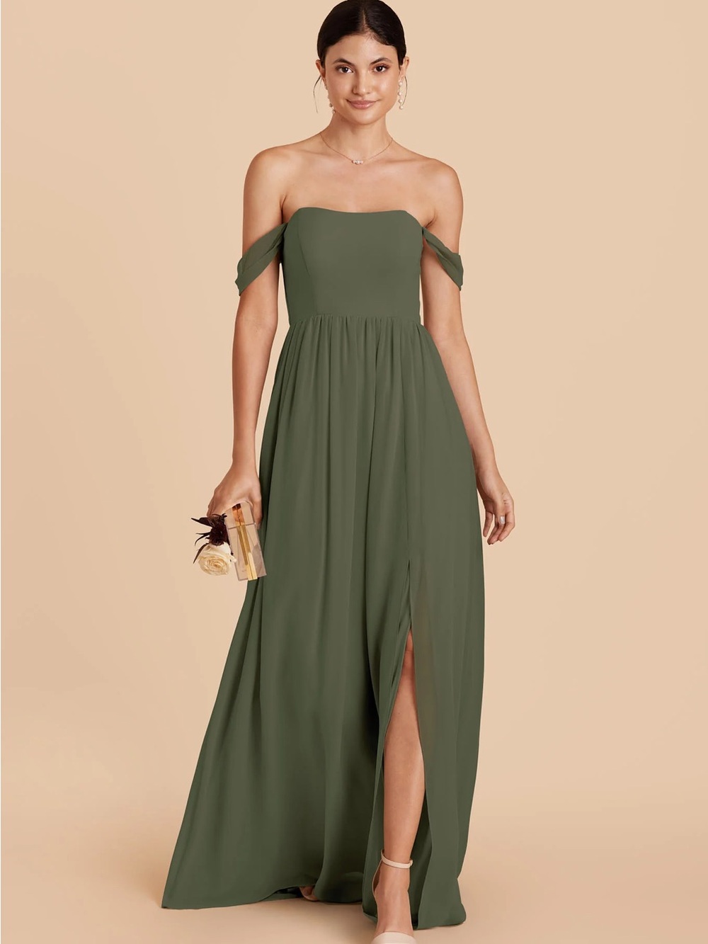 Birdy Grey August Strapless Olive Green Off-Shoulder Maxi Dress